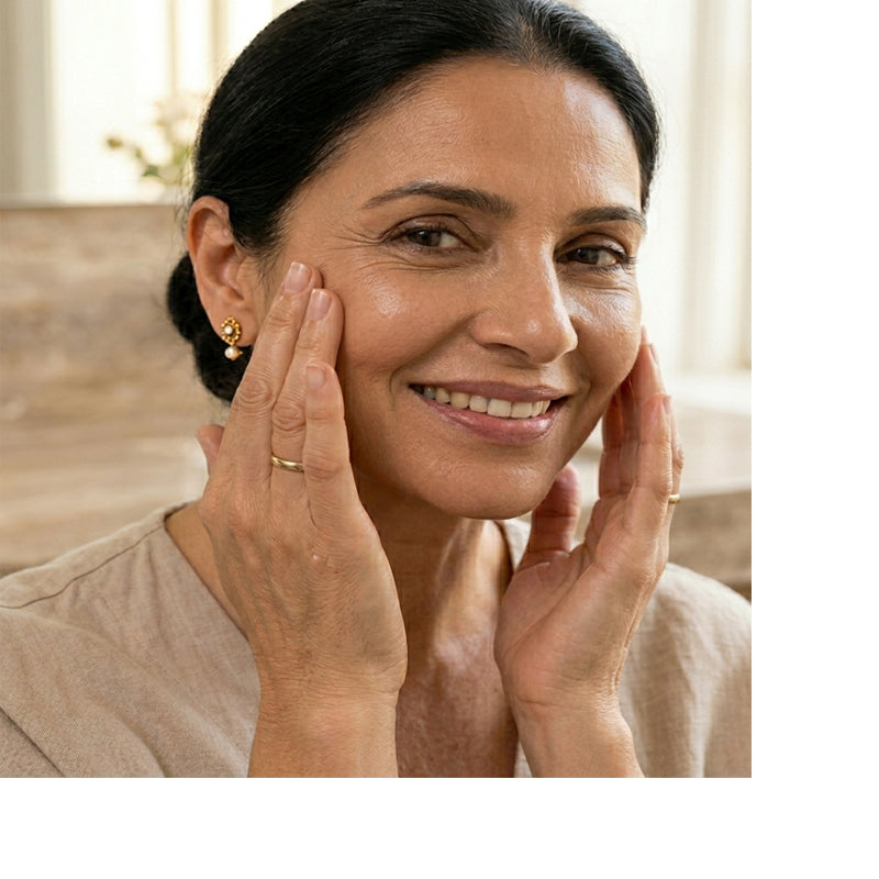 Close-up of a woman smiling with visible laugh lines and wrinkles, highlighting firming and wrinkle care concerns