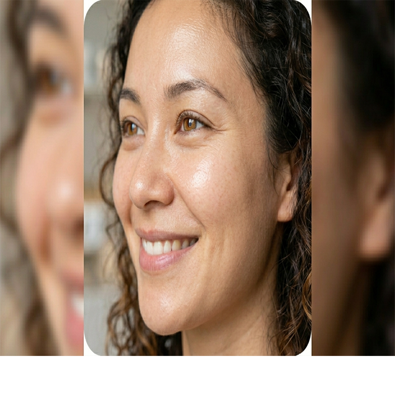 A smiling woman with radiant, glowing, and hydrated skin highlighting a bright complexion