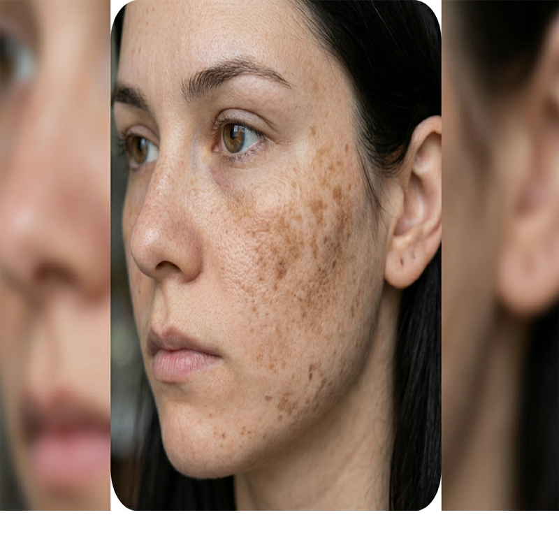 Woman's face with visible skin pigmentation and dark brown spots on the cheek