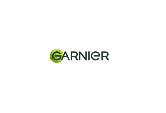 Garnier brand logo featuring dark green typography with a green leaf-patterned circular icon.