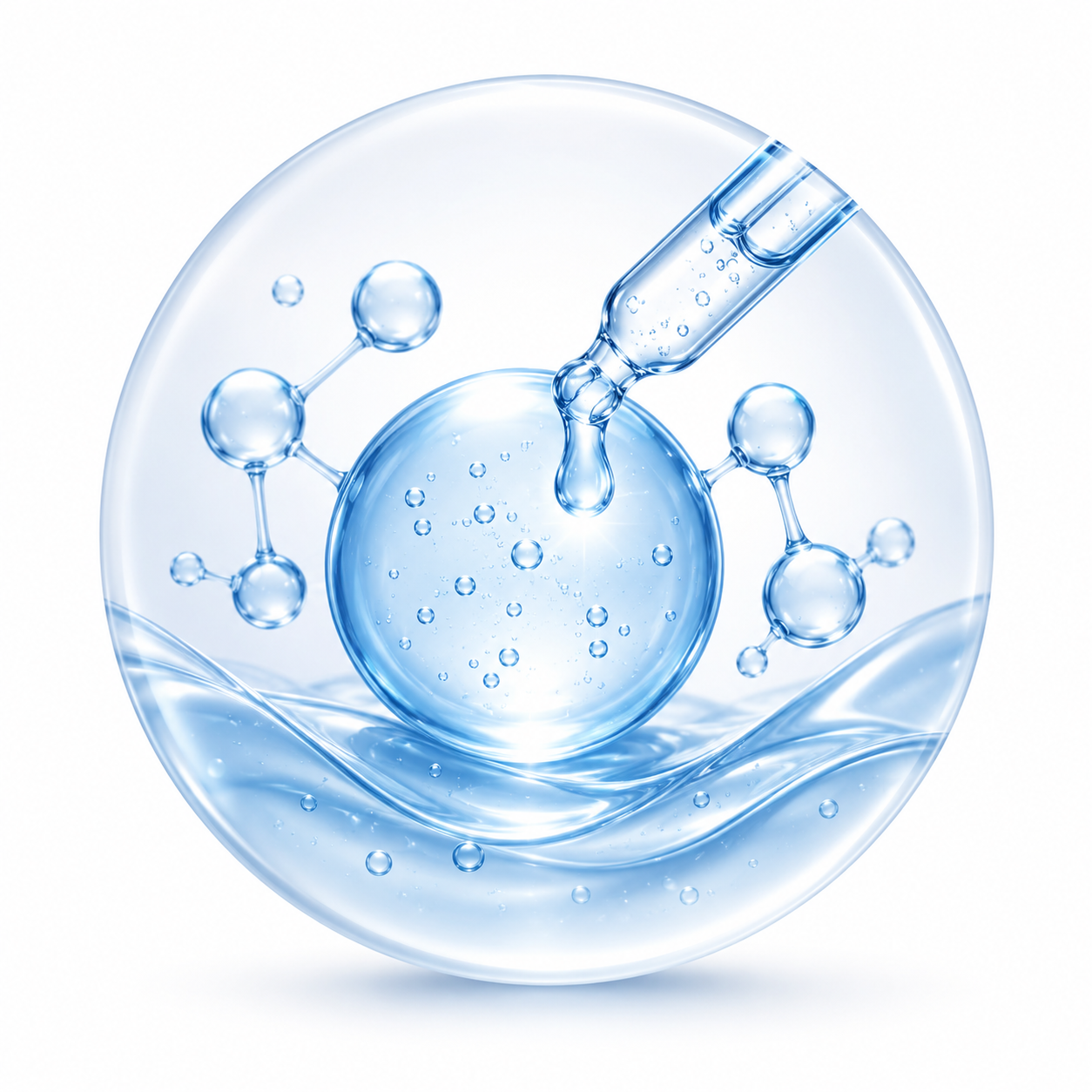 Hydration molecule graphic with a serum dropper – serumhome Hyaluronic Acid ingredient icon.
