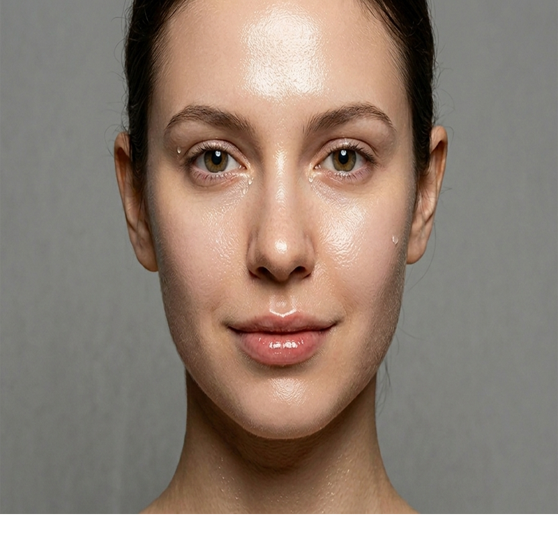 Woman's face with a glowing, wet-look skin texture highlighting intense hydration and moisture