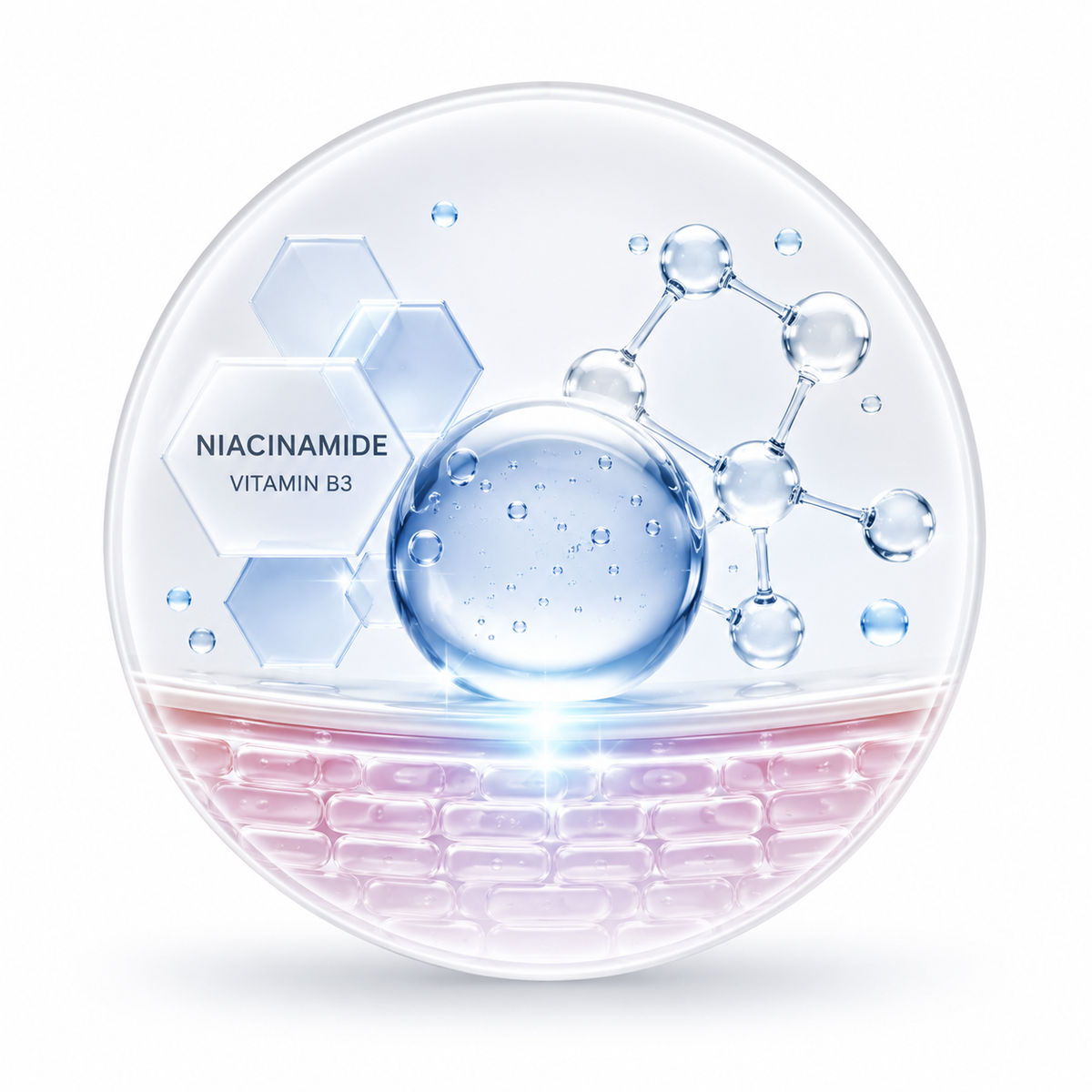 Niacinamide Vitamin B3 molecule and skin layer graphic – serumhome ingredient icon.
