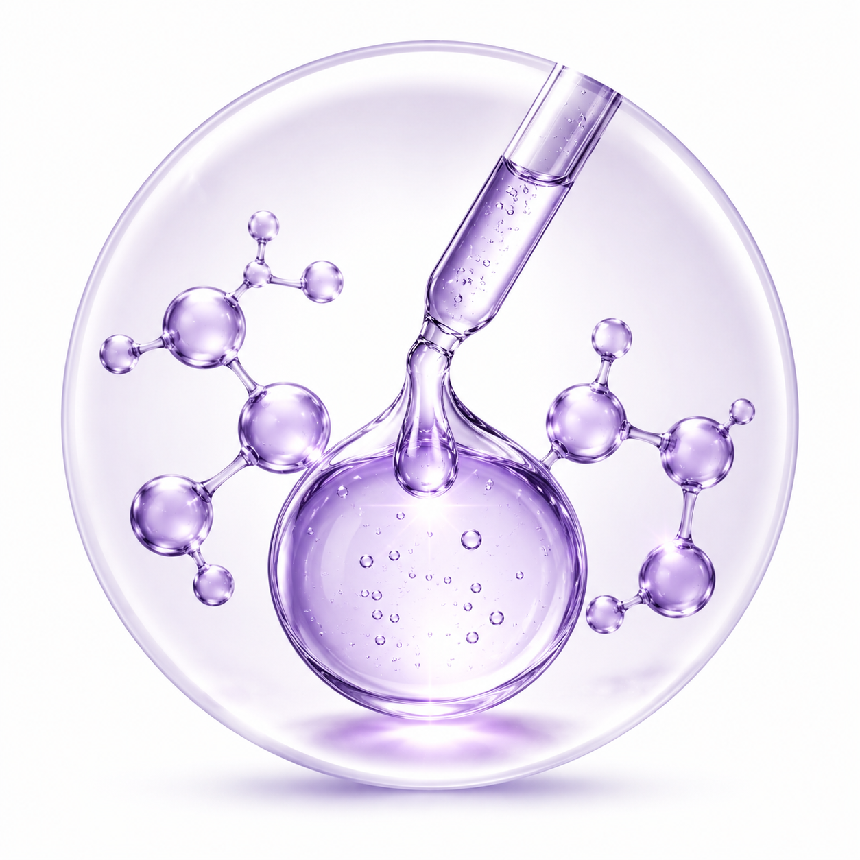 Anti-aging molecule graphic with a purple serum pipette dropper - Retinol ingredient icon.