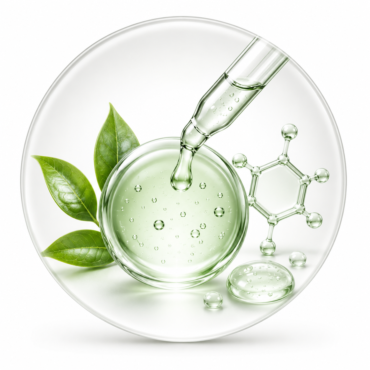 fresh green leaves and a chemical molecule structure, representing the exfoliating formula of serumhome Salicylic Acid serum.