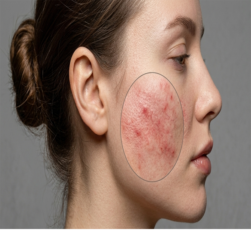 Close-up highlighting red, irritated, and sensitive skin on a woman's cheek, showcasing skin barrier repair concerns