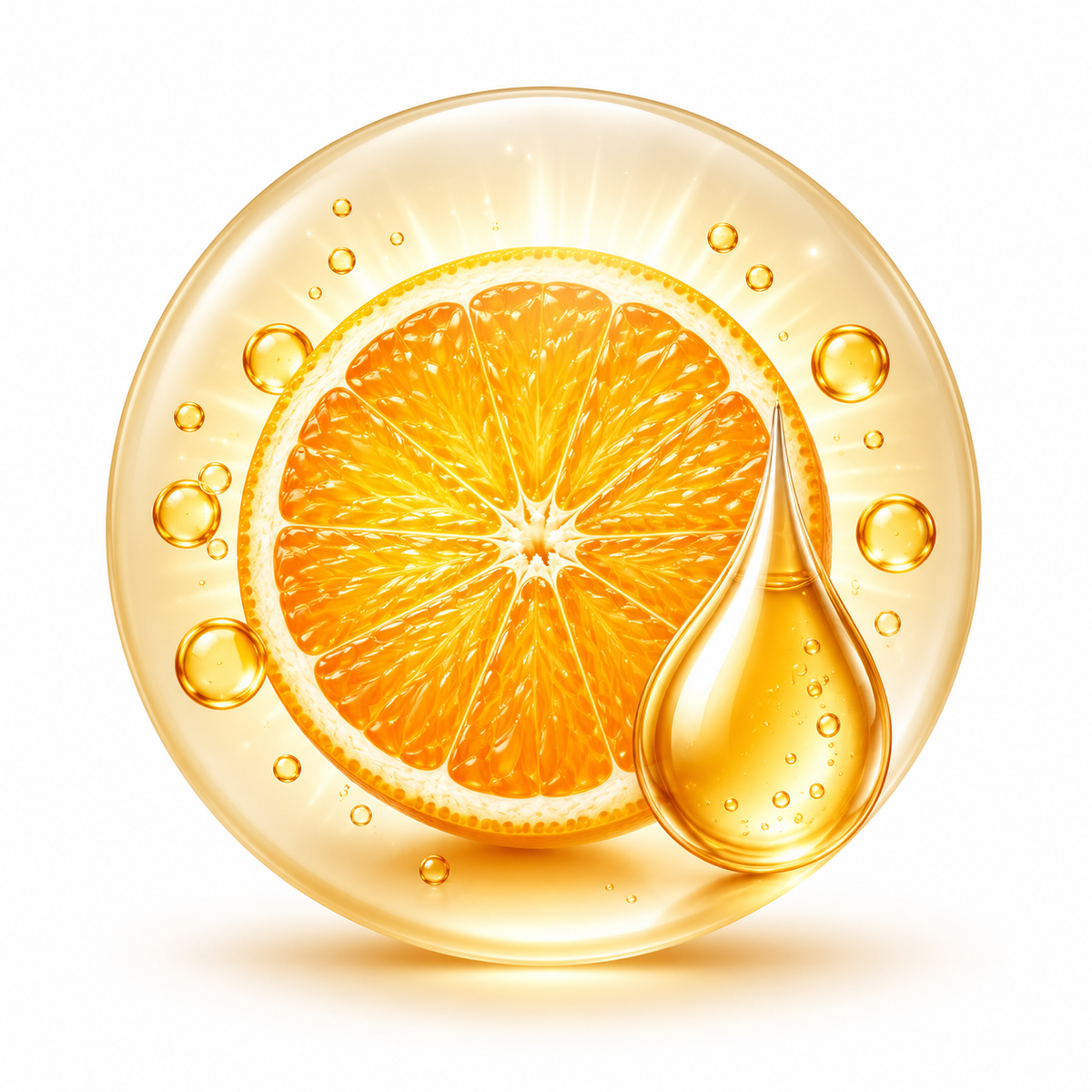 Glowing orange slice and serum droplet graphics