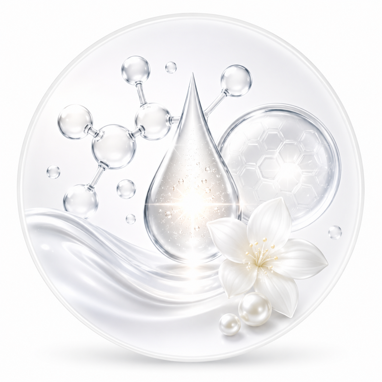 Brightening molecule graphic with a white flower and a glowing serum droplet – serumhome whitening serums ingredient icon.